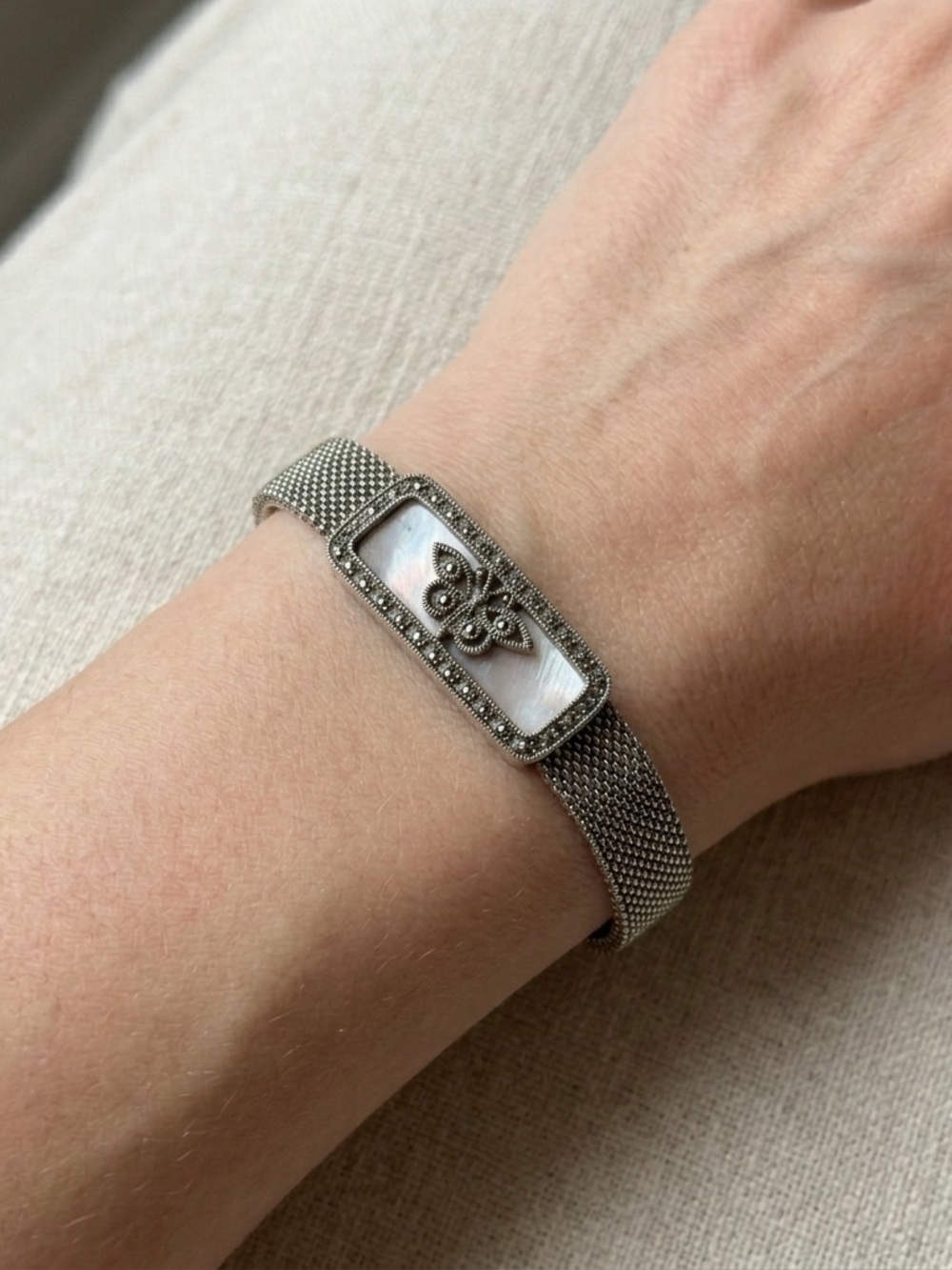 Butterfly Sterling & Stainless Mesh Stretch Bracelet Mother-of-Pearl Marcasites